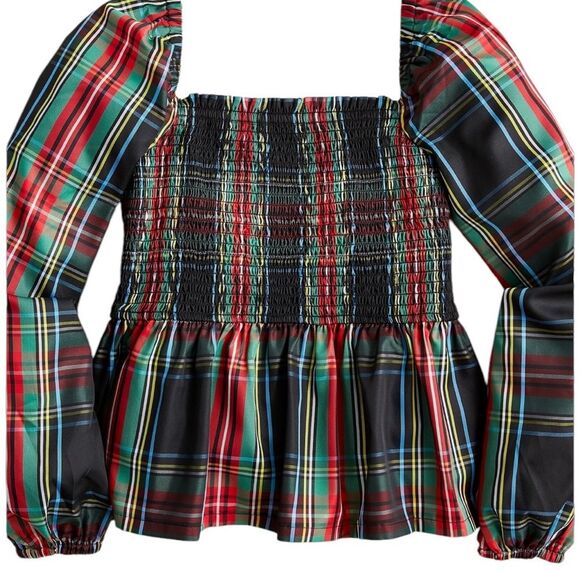 J. CREW Puff Sleeve Smocked Plaid Tartan Holiday Top Square Neck - XL - Picture 2 of 9